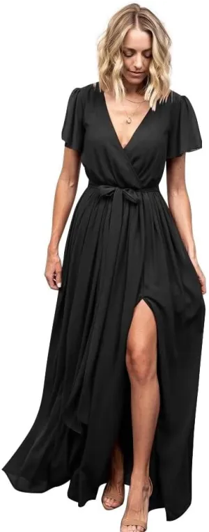 Women's V Neck Long Bridesmaid Dresses with Sleeves Chiffon A Line Slit Formal Evening Party Gowns