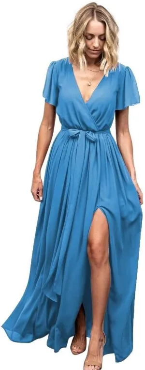 Women's V Neck Long Bridesmaid Dresses with Sleeves Chiffon A Line Slit Formal Evening Party Gowns