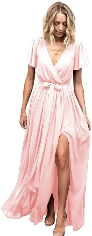 Women's V Neck Long Bridesmaid Dresses with Sleeves Chiffon A Line Slit Formal Evening Party Gowns