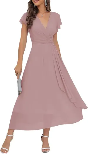 Womens V Neck Prom Dress Long Elegant Formal Dress Sleeveless Chiffon Cocktail Dresses with Pleat