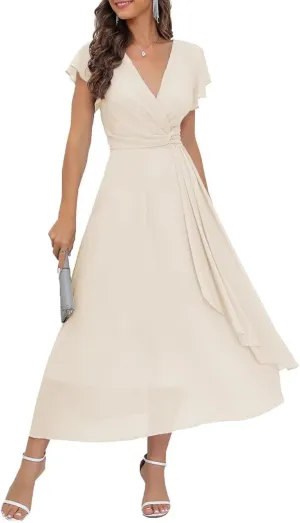 Womens V Neck Prom Dress Long Elegant Formal Dress Sleeveless Chiffon Cocktail Dresses with Pleat