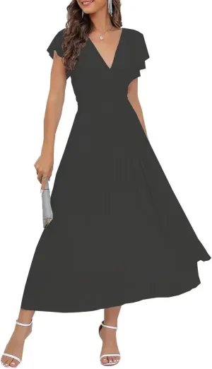 Womens V Neck Prom Dress Long Elegant Formal Dress Sleeveless Chiffon Cocktail Dresses with Pleat