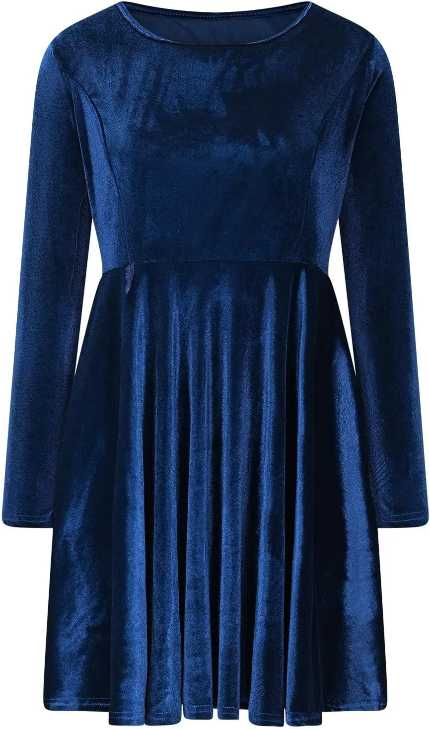 Women's Velvet Dress Long Sleeve Cocktail Party Club Dresses Ruffle Swing O Neck Mini Prom Dress for Wedding Guest