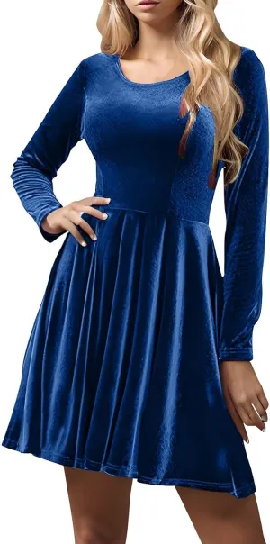 Women's Velvet Dress Long Sleeve Cocktail Party Club Dresses Ruffle Swing O Neck Mini Prom Dress for Wedding Guest