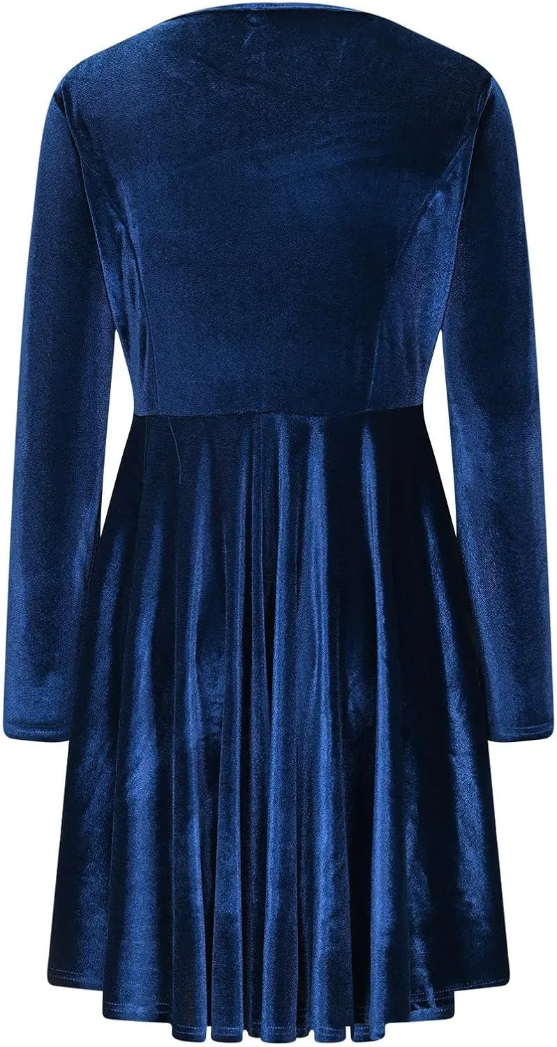 Women's Velvet Dress Long Sleeve Cocktail Party Club Dresses Ruffle Swing O Neck Mini Prom Dress for Wedding Guest