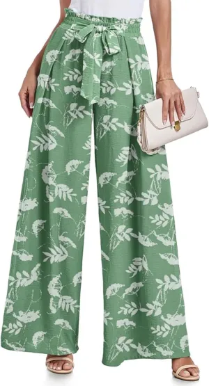 Women's Wide Leg Pants High Waist Adjustable Knot Loose Casual Flowy Tie Knot Business Work Trousers with Pockets
