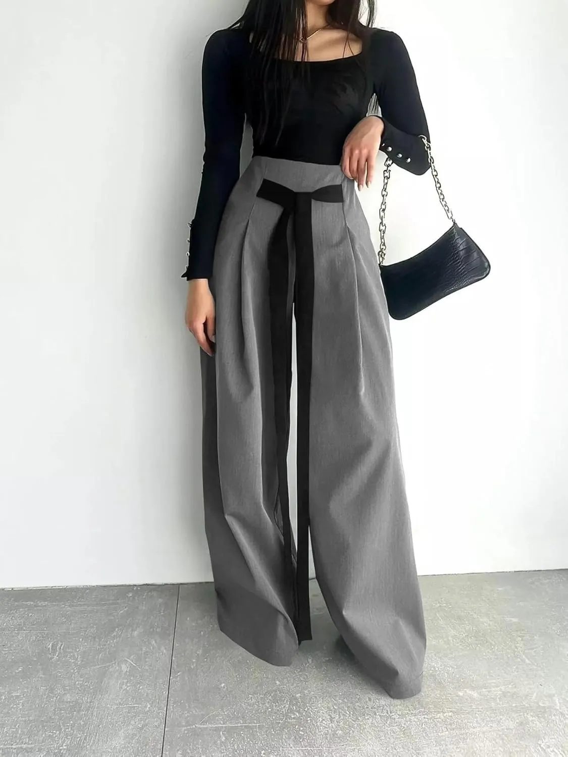 Women's Wide Leg Pants with Pockets High Waisted Casual Loose Tie Knot Business Trousers Pants