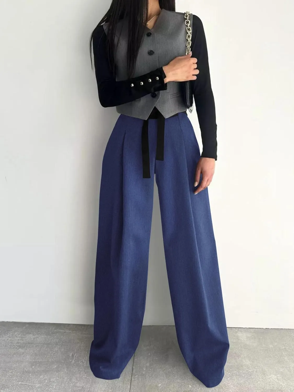 Women's Wide Leg Pants with Pockets High Waisted Casual Loose Tie Knot Business Trousers Pants