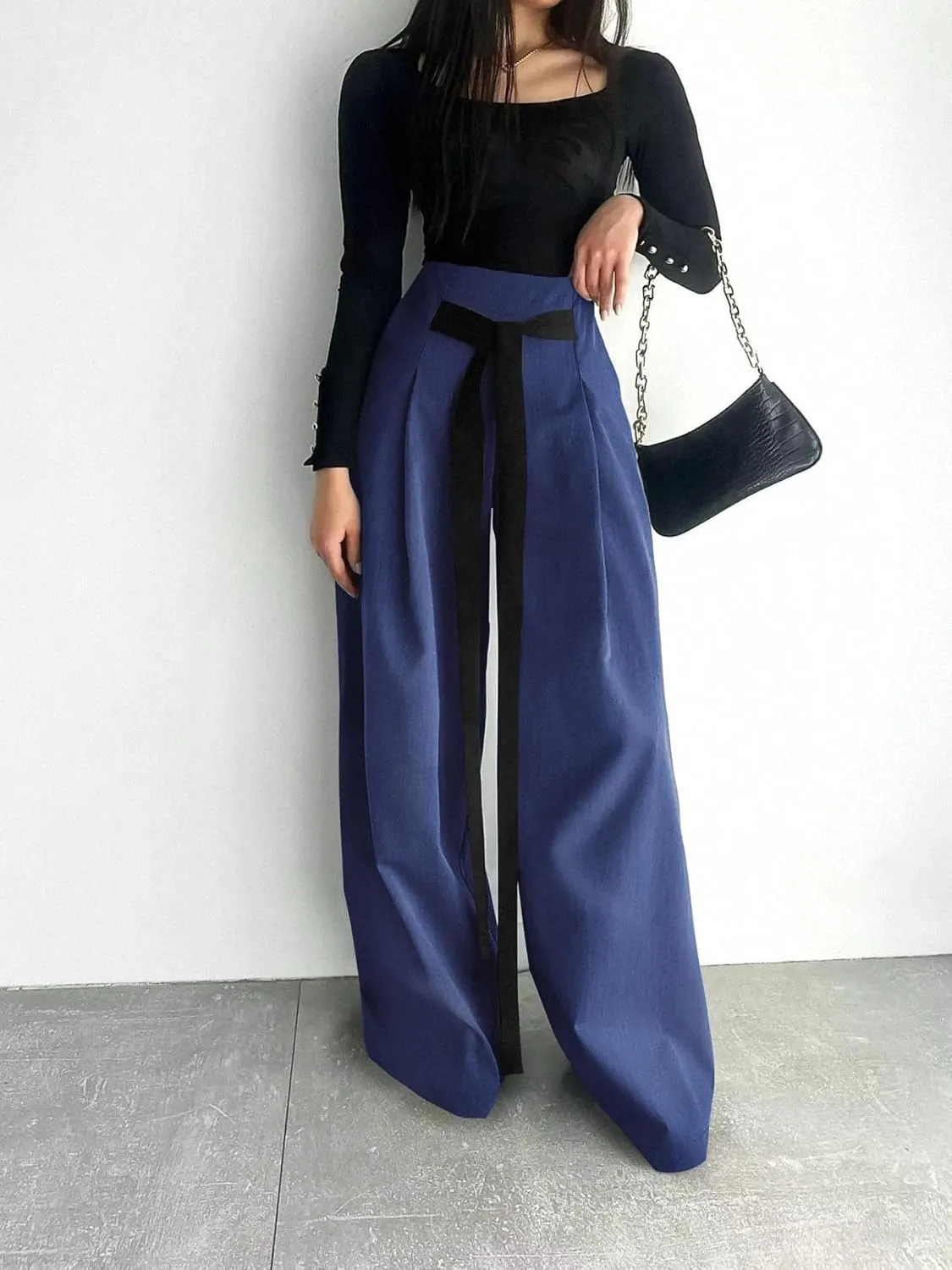 Women's Wide Leg Pants with Pockets High Waisted Casual Loose Tie Knot Business Trousers Pants