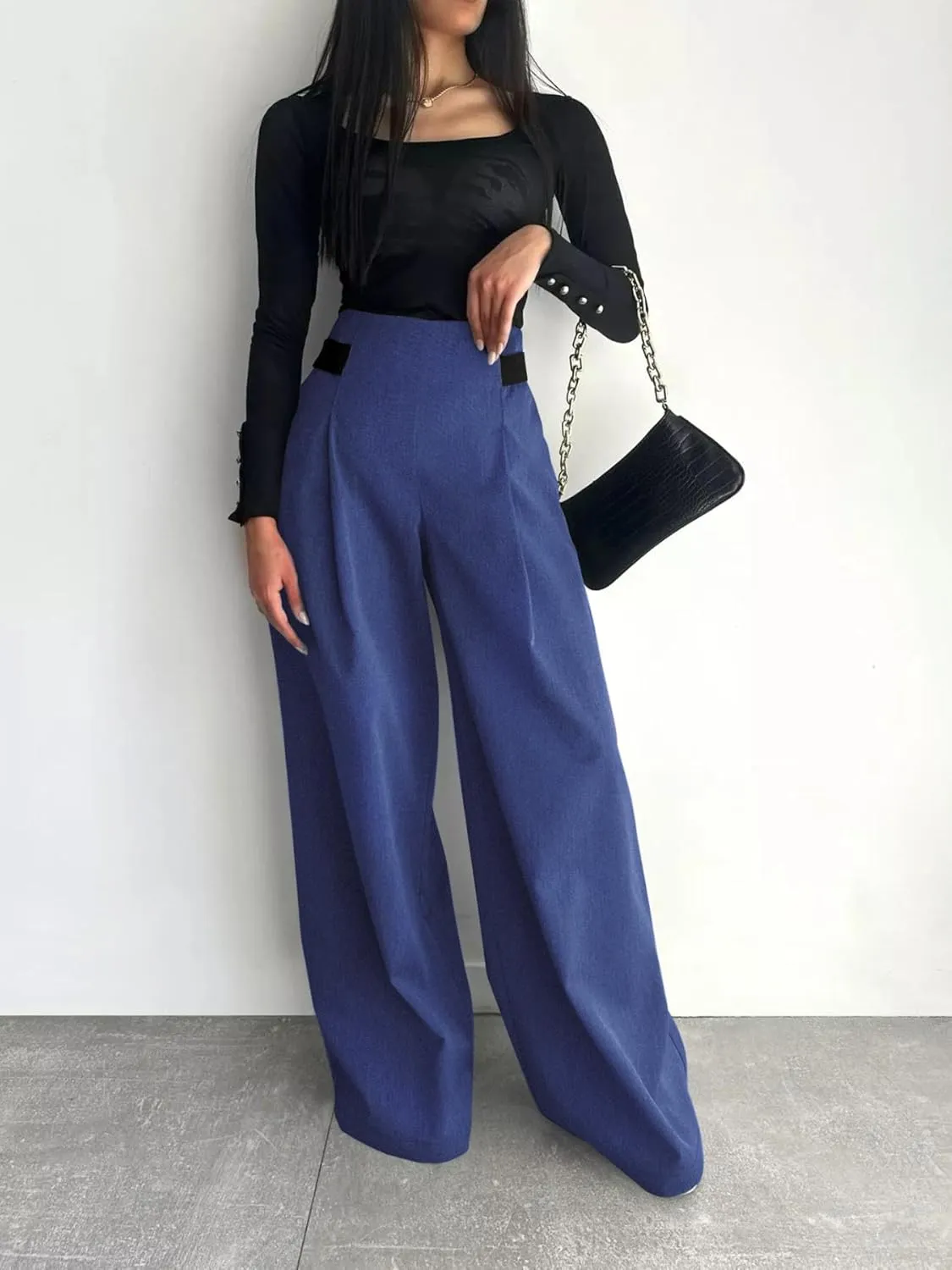 Women's Wide Leg Pants with Pockets High Waisted Casual Loose Tie Knot Business Trousers Pants
