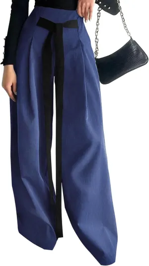 Women's Wide Leg Pants with Pockets High Waisted Casual Loose Tie Knot Business Trousers Pants