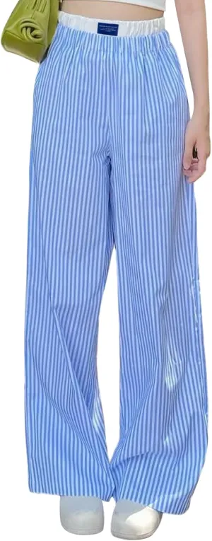 Y2k Striped Pants for Women Elastic Drawstring High Waist Wide Leg Trousers Vintage Streetwear Lounge Pants