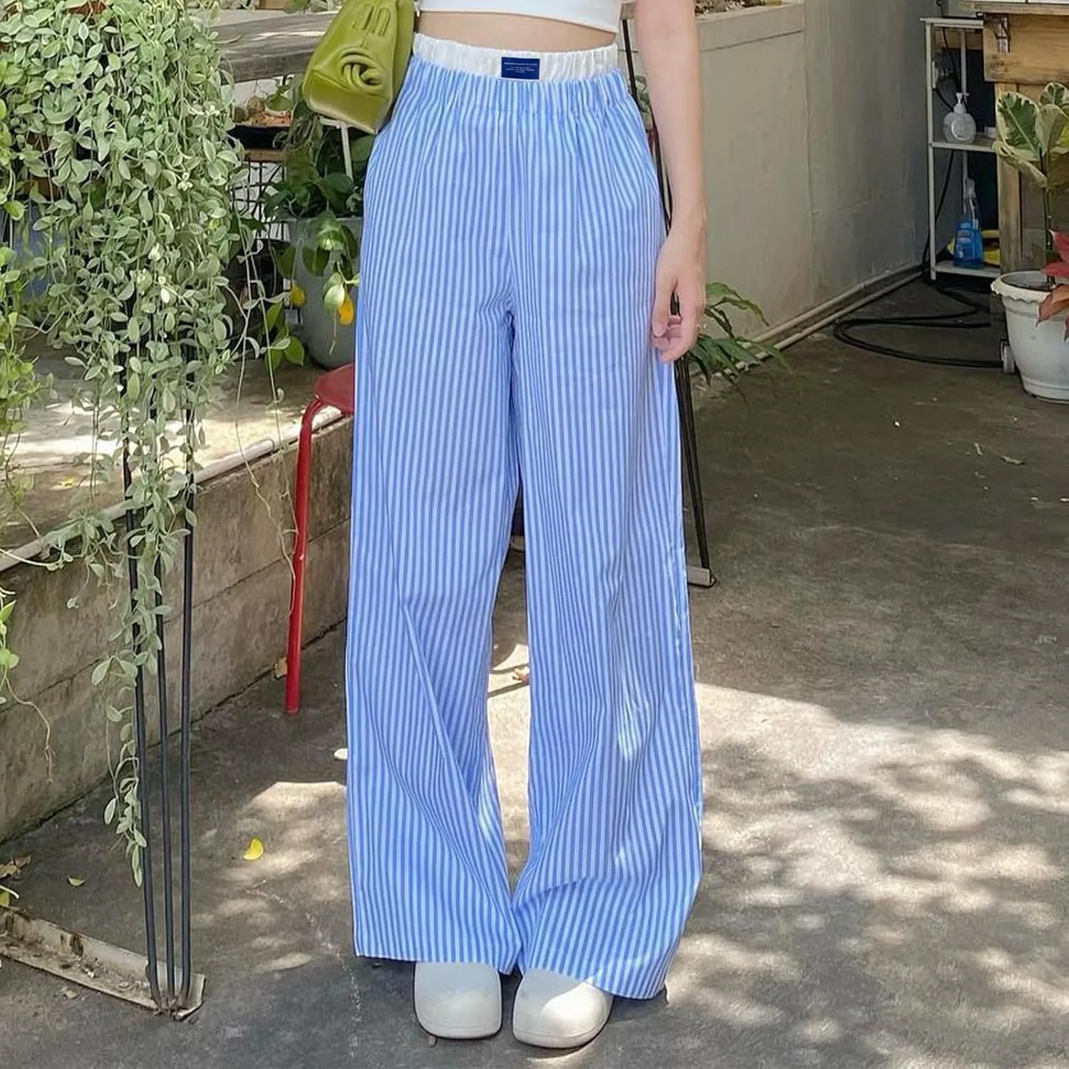 Y2k Striped Pants for Women Elastic Drawstring High Waist Wide Leg Trousers Vintage Streetwear Lounge Pants