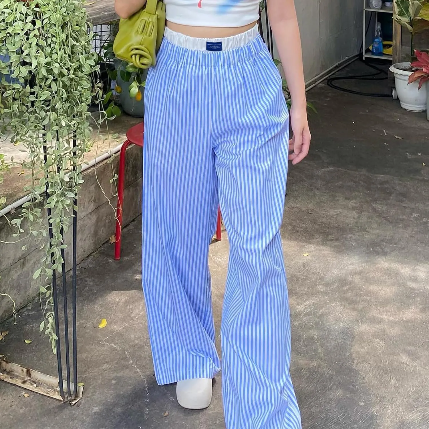 Y2k Striped Pants for Women Elastic Drawstring High Waist Wide Leg Trousers Vintage Streetwear Lounge Pants