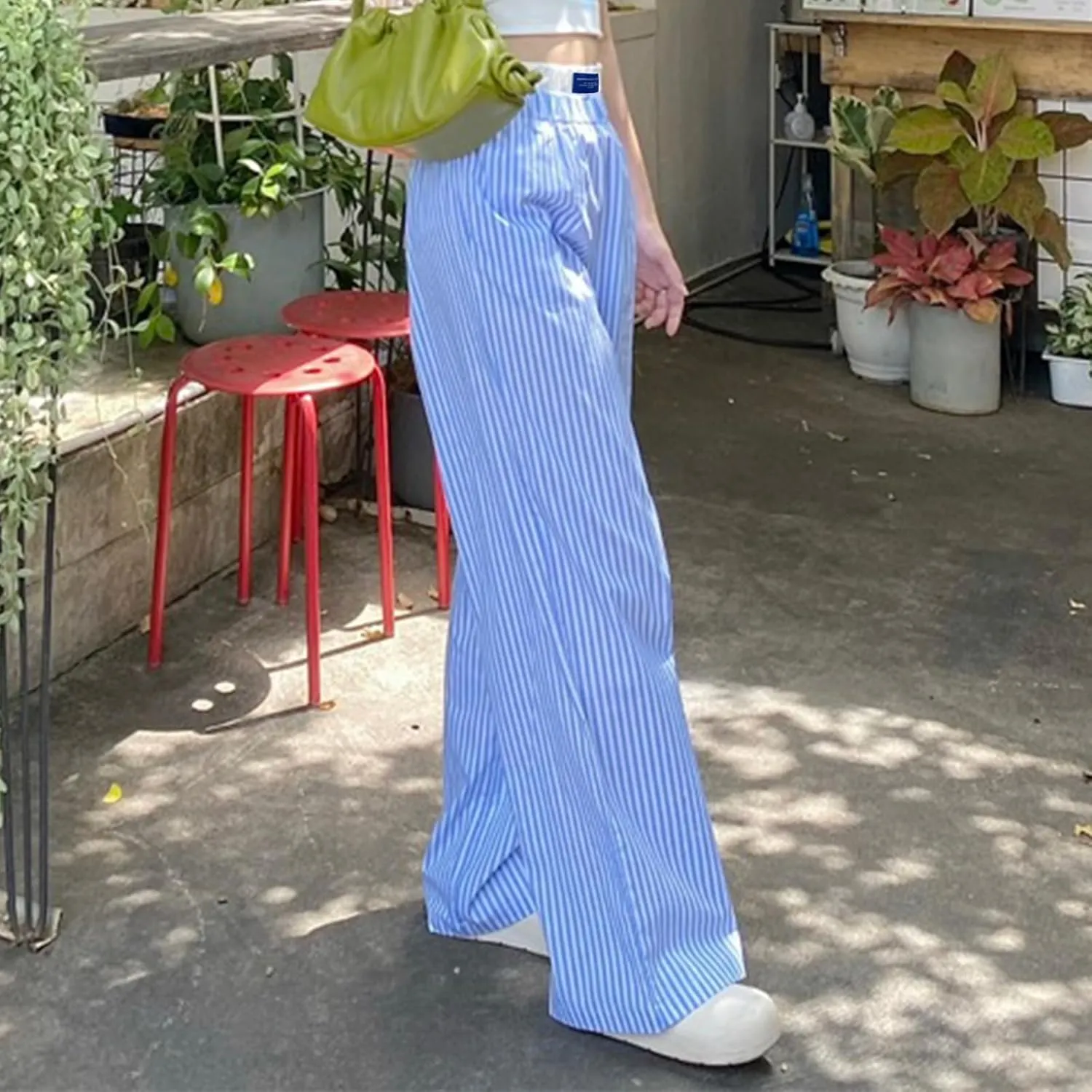 Y2k Striped Pants for Women Elastic Drawstring High Waist Wide Leg Trousers Vintage Streetwear Lounge Pants