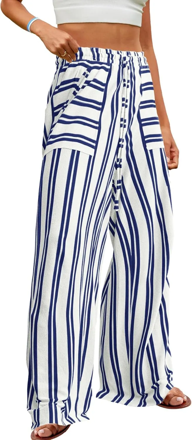 Yanekop Womens Striped Pants Casual Long Pants Wide Leg Lounge Pants with Pockets Loose Trousers High Waist Drawstring