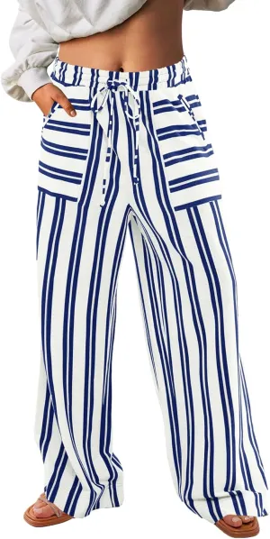 Yanekop Womens Striped Pants Casual Long Pants Wide Leg Lounge Pants with Pockets Loose Trousers High Waist Drawstring