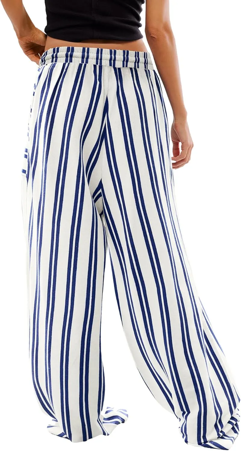Yanekop Womens Striped Pants Casual Long Pants Wide Leg Lounge Pants with Pockets Loose Trousers High Waist Drawstring
