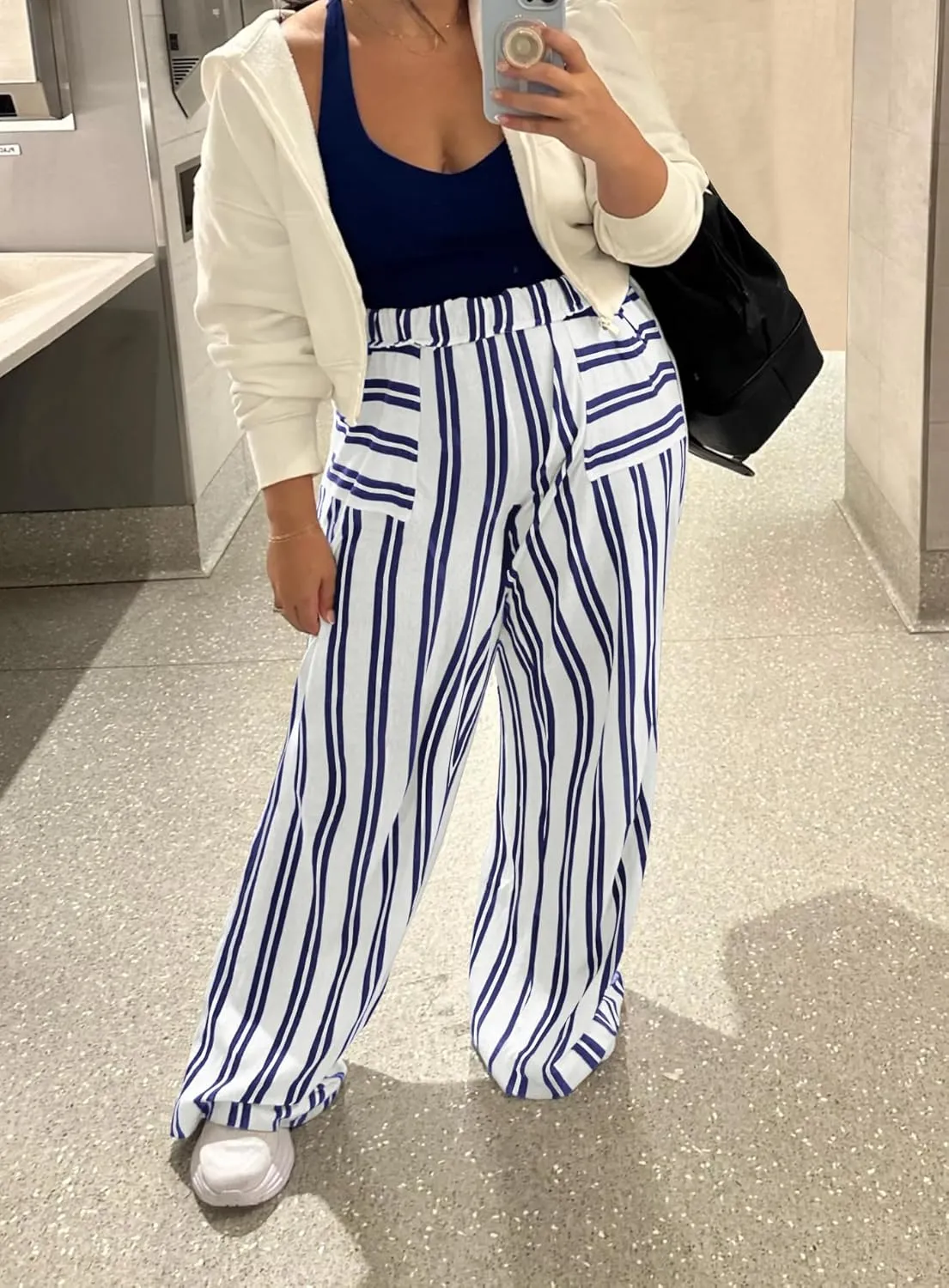 Yanekop Womens Striped Pants Casual Long Pants Wide Leg Lounge Pants with Pockets Loose Trousers High Waist Drawstring