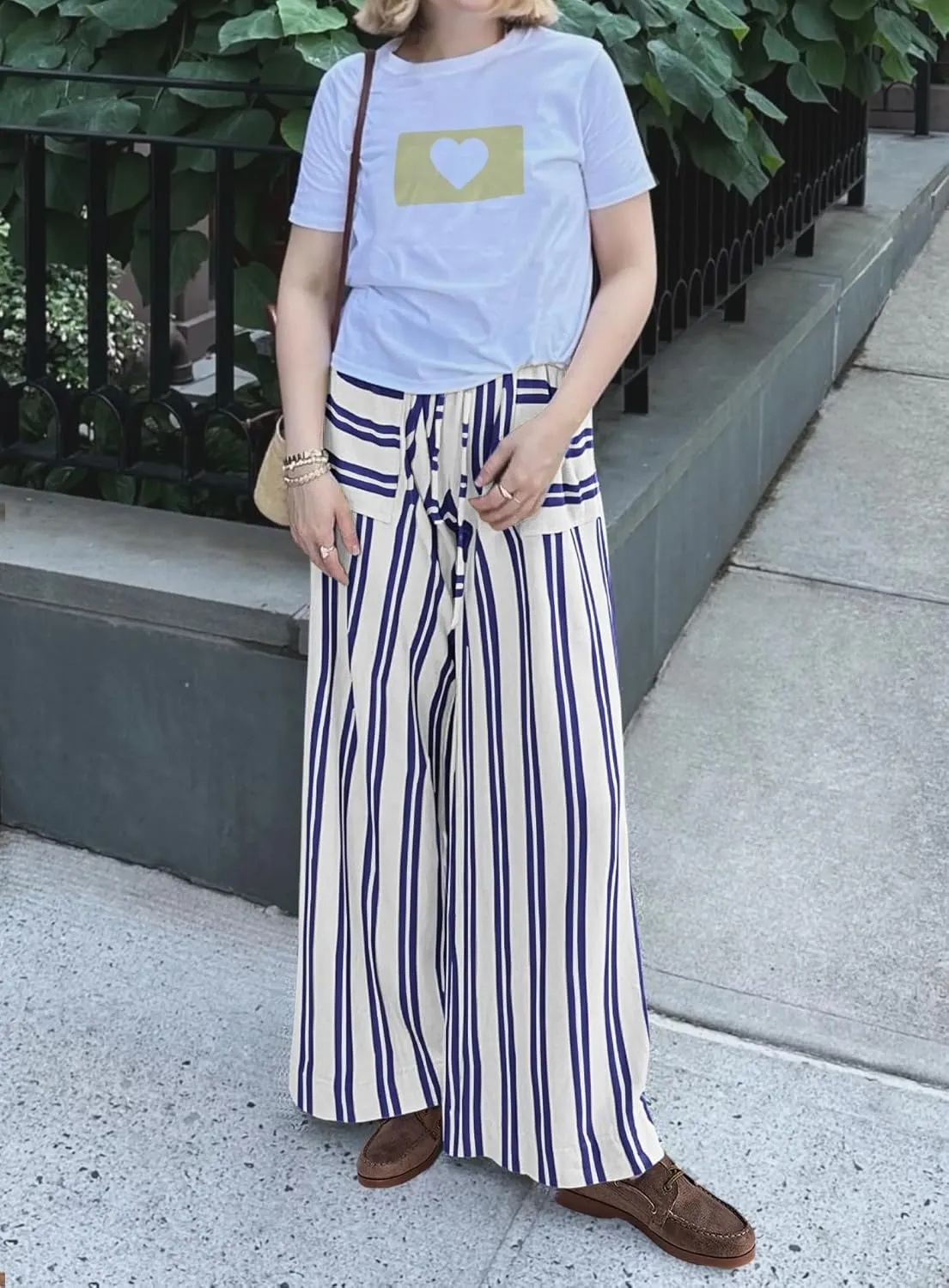 Yanekop Womens Striped Pants Casual Long Pants Wide Leg Lounge Pants with Pockets Loose Trousers High Waist Drawstring