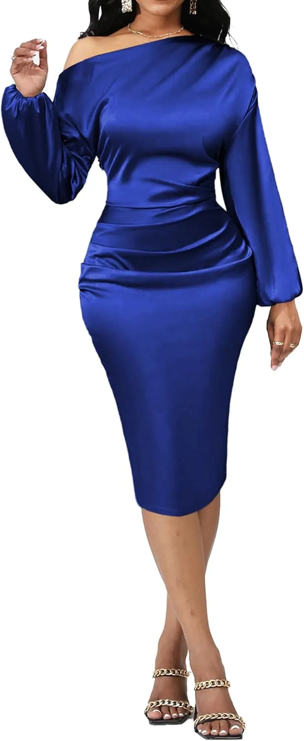 Yiershu Women's Sexy Fall Off Shoulder Bodycon Dress Elegant Long Sleeve Formal Cocktail Party Midi Maxi Dresses