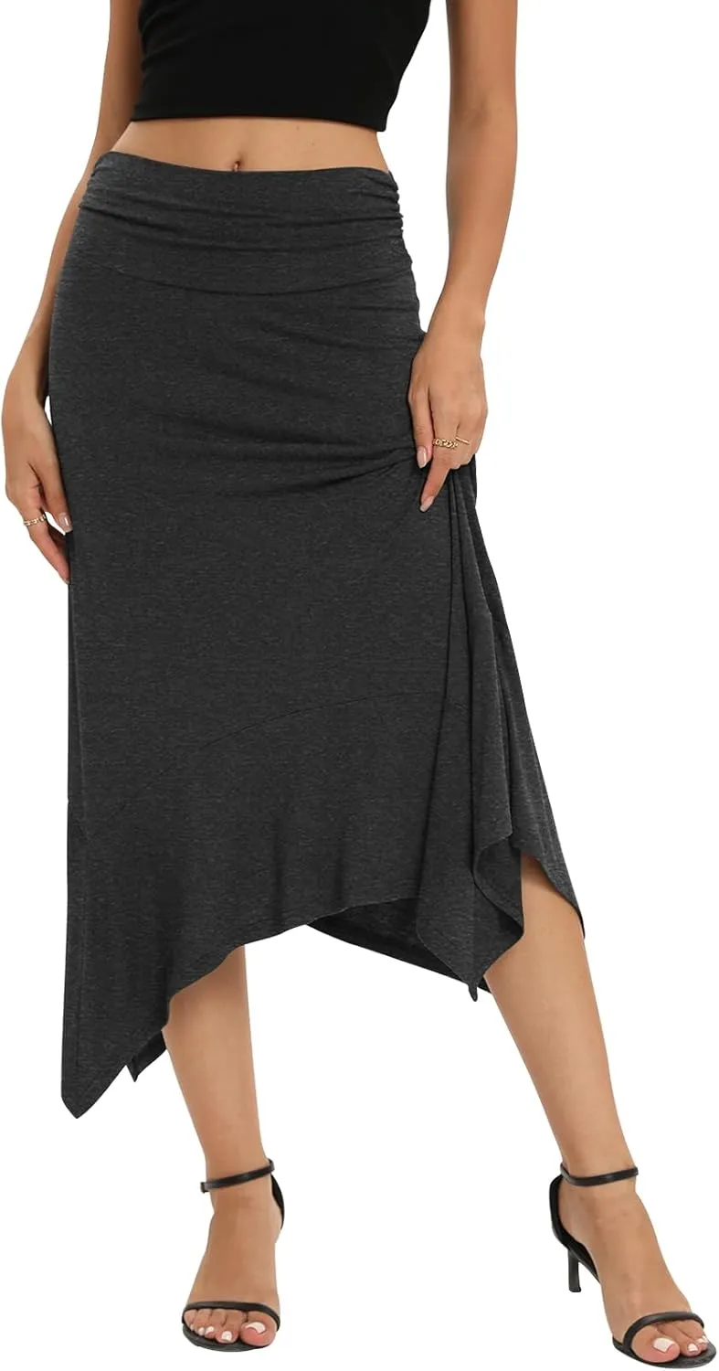 Yincro Women's Summer Flowy Midi Skirt with Handkerchief Hemline