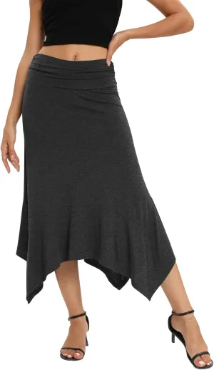 Yincro Women's Summer Flowy Midi Skirt with Handkerchief Hemline