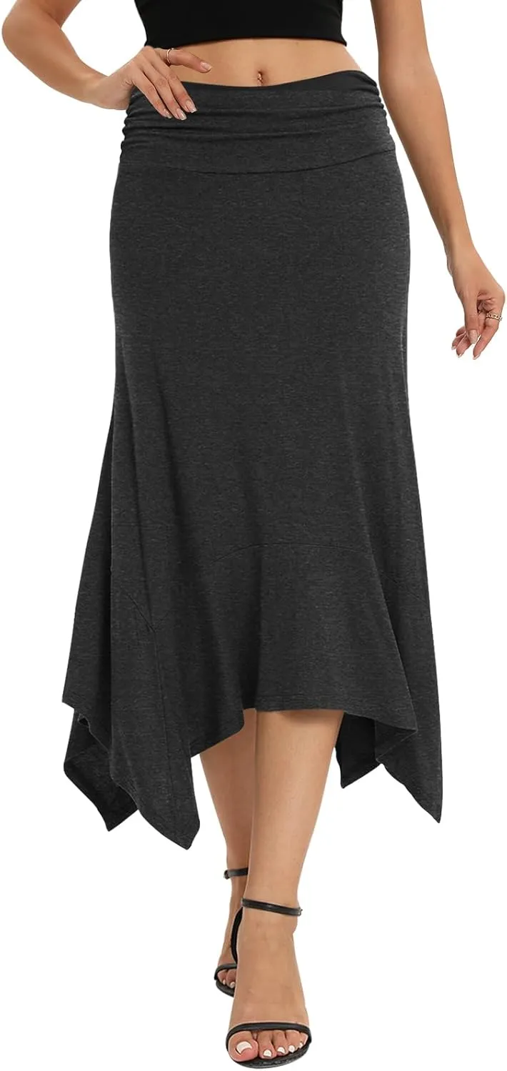 Yincro Women's Summer Flowy Midi Skirt with Handkerchief Hemline