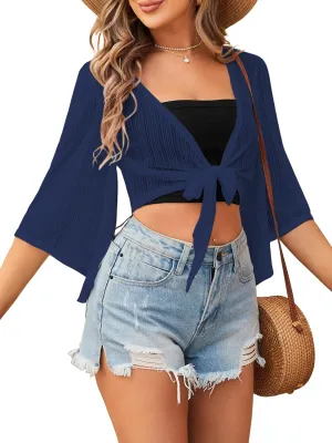 ZAFUL Women's Cropped Bolero Sheer Shrugs for Dress Short Sleeve Tie Front Cardigan