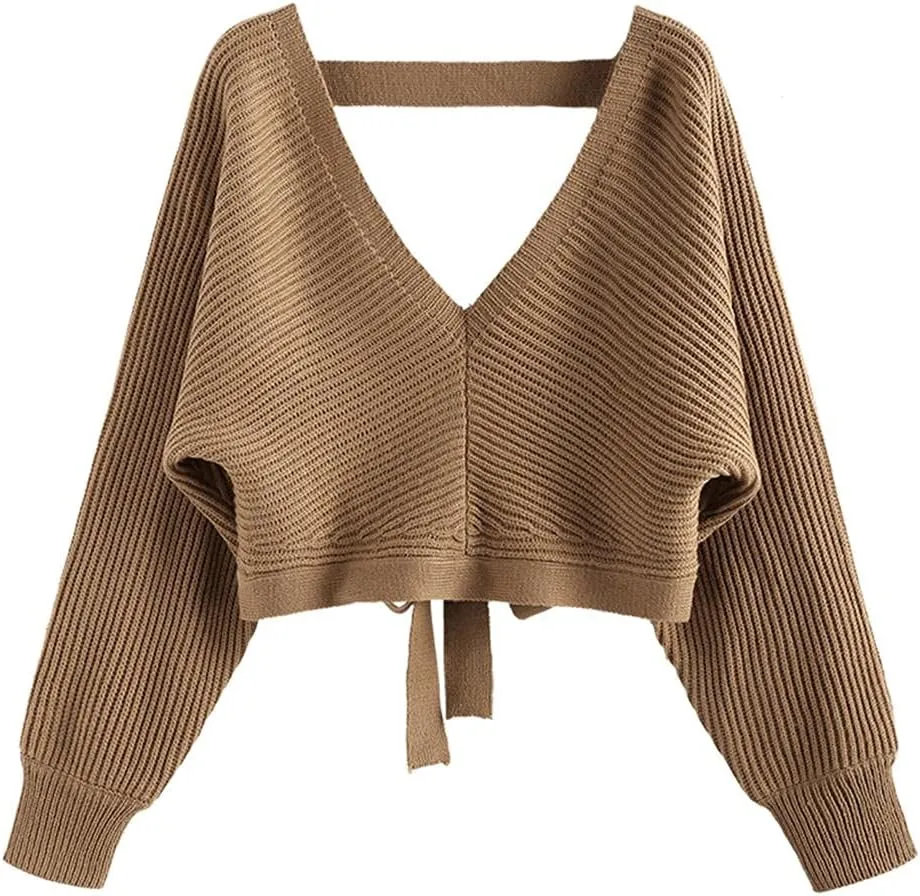 ZAFUL Women's V Neck Cropped Sweater Ribbed Knit Pullover Tops Sexy Drop Shoulder Jumpers