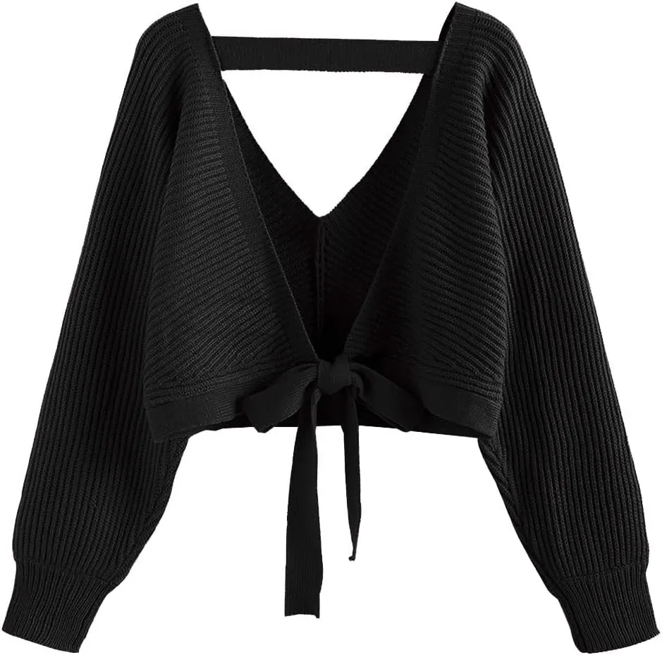 ZAFUL Women's V Neck Cropped Sweater Ribbed Knit Pullover Tops Sexy Drop Shoulder Jumpers
