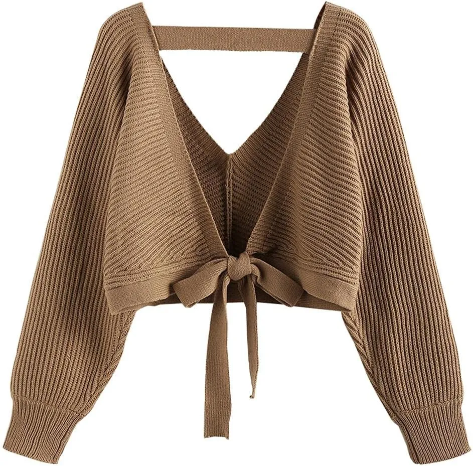 ZAFUL Women's V Neck Cropped Sweater Ribbed Knit Pullover Tops Sexy Drop Shoulder Jumpers