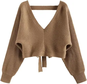 ZAFUL Women's V Neck Cropped Sweater Ribbed Knit Pullover Tops Sexy Drop Shoulder Jumpers