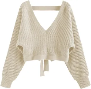 ZAFUL Women's V Neck Cropped Sweater Ribbed Knit Pullover Tops Sexy Drop Shoulder Jumpers