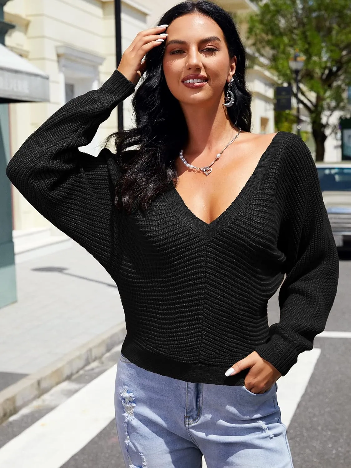 ZAFUL Women's V Neck Cropped Sweater Ribbed Knit Pullover Tops Sexy Drop Shoulder Jumpers