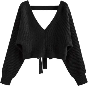 ZAFUL Women's V Neck Cropped Sweater Ribbed Knit Pullover Tops Sexy Drop Shoulder Jumpers
