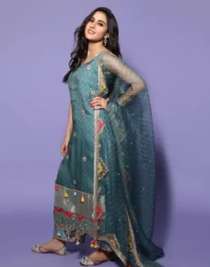 Zahra Ice Blue Sara Ali Khan Printed Organza Panel Kurta Set