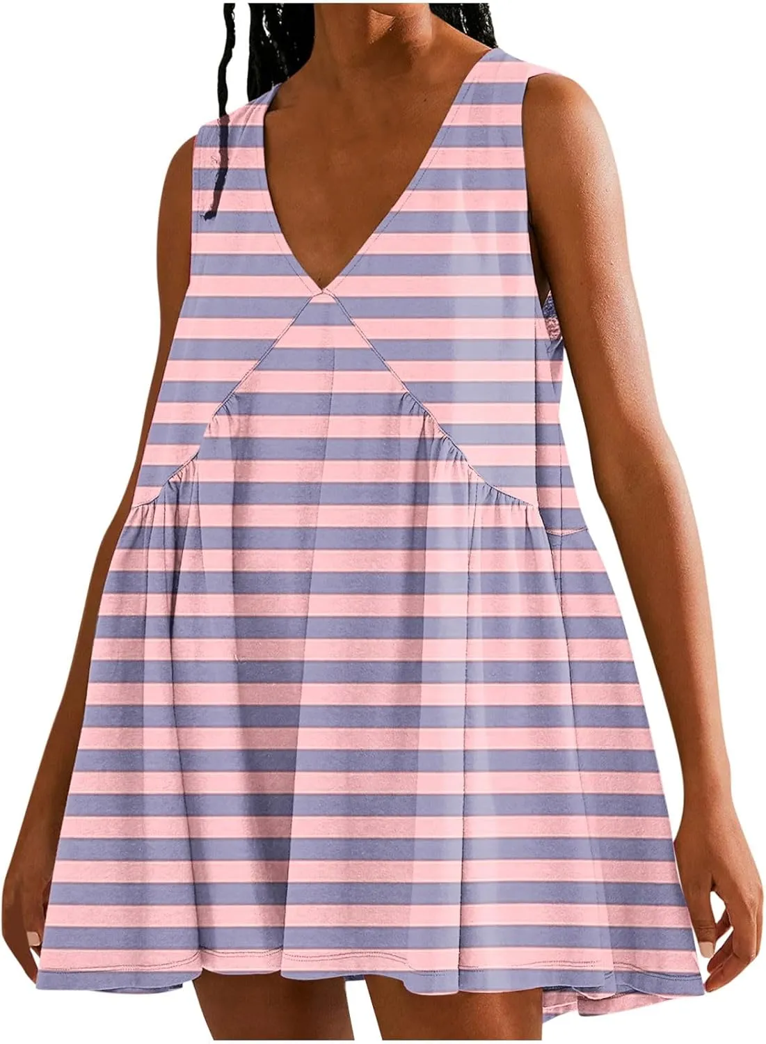 ZDRZK Flowy Dresses for Women Summer Stripes Casual Sleeveless Mini Dress 2024 Babydoll Swing Pleated Beach Sundresses