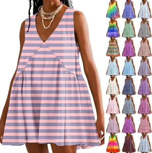 ZDRZK Flowy Dresses for Women Summer Stripes Casual Sleeveless Mini Dress 2024 Babydoll Swing Pleated Beach Sundresses