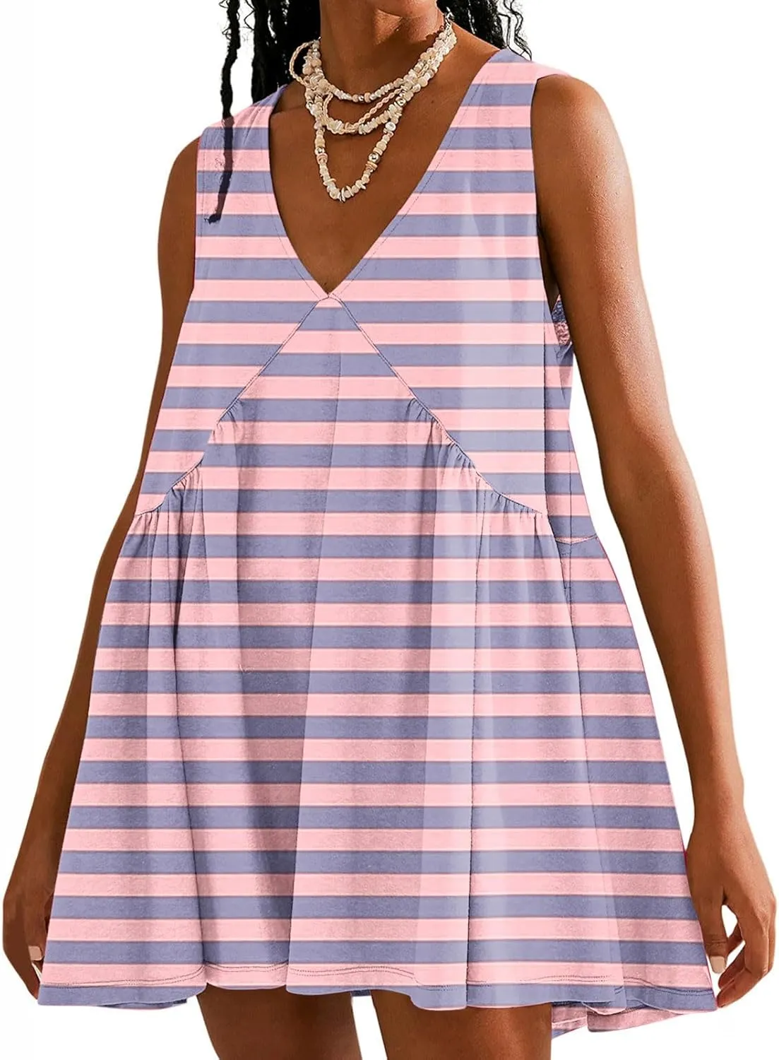 ZDRZK Flowy Dresses for Women Summer Stripes Casual Sleeveless Mini Dress 2024 Babydoll Swing Pleated Beach Sundresses