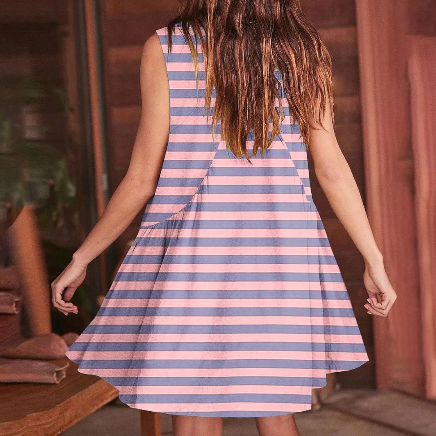 ZDRZK Flowy Dresses for Women Summer Stripes Casual Sleeveless Mini Dress 2024 Babydoll Swing Pleated Beach Sundresses