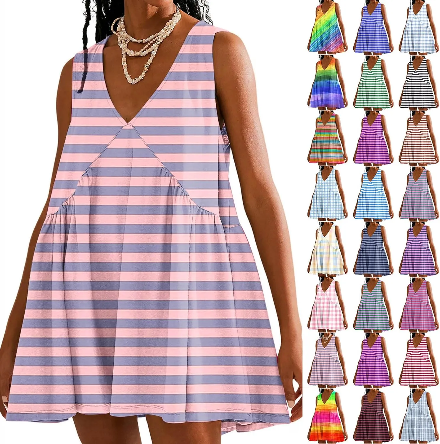 ZDRZK Flowy Dresses for Women Summer Stripes Casual Sleeveless Mini Dress 2024 Babydoll Swing Pleated Beach Sundresses