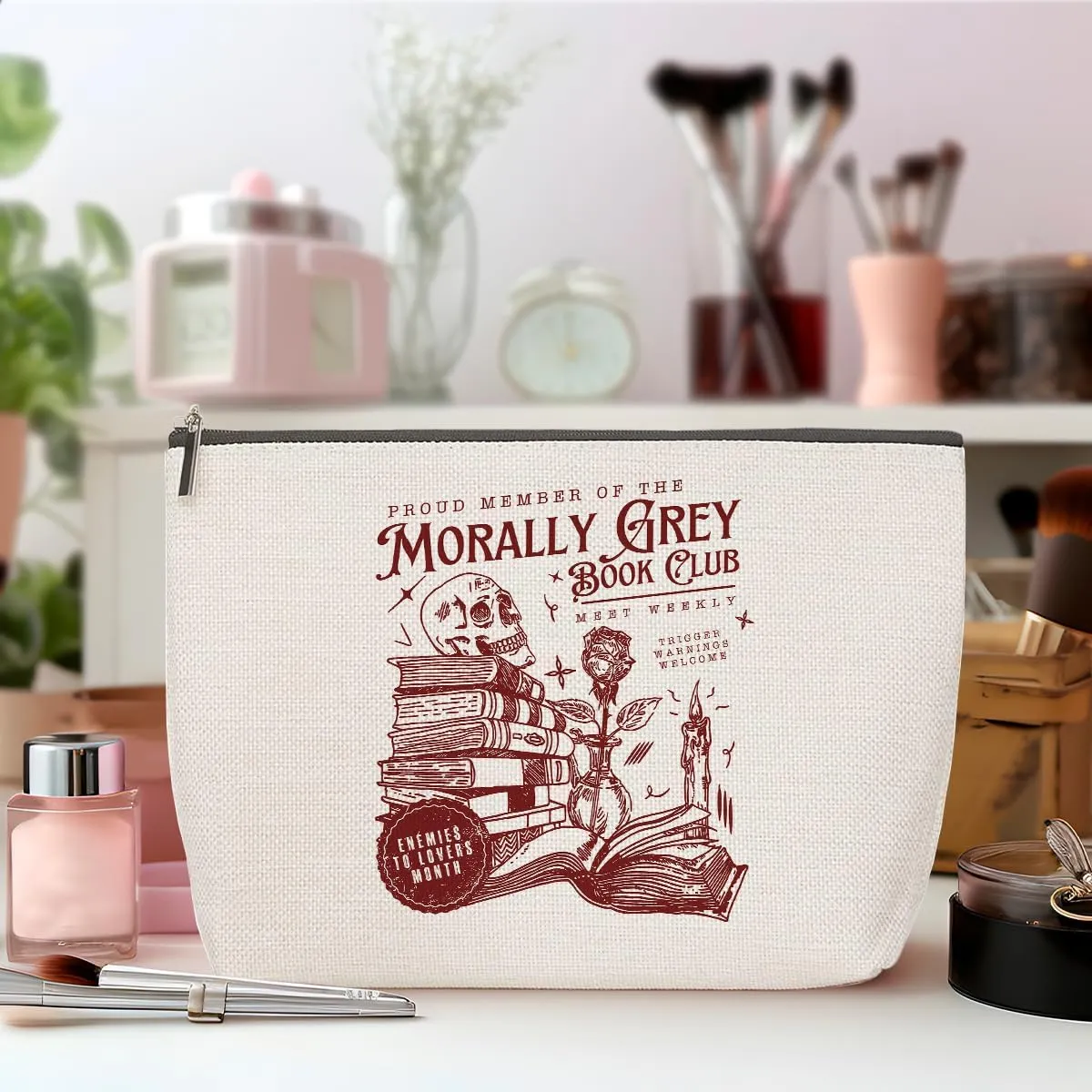 ZHAMEN Dark Romance Makeup Bag, Book Lovers Gifts Spooky Skeleton Cosmetic Bag, Bookish Gifts Book Club Gifts for Women Girl Book Fans Best Friends Aunt, Toiletry Bag for Christmas Halloween Birthday