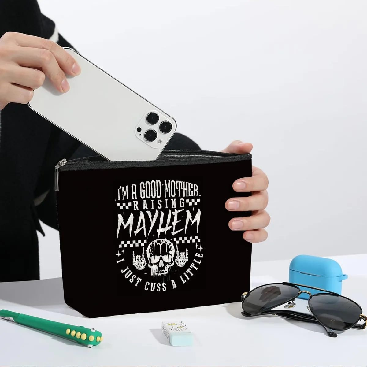 ZHAMEN Goth Gifts Funny Skeleton Skull Makeup Bag, Unisex Cosmetic Case, Black, Fashion Pattern, Waterproof, Reusable, Makeup, Toiletry, Travel