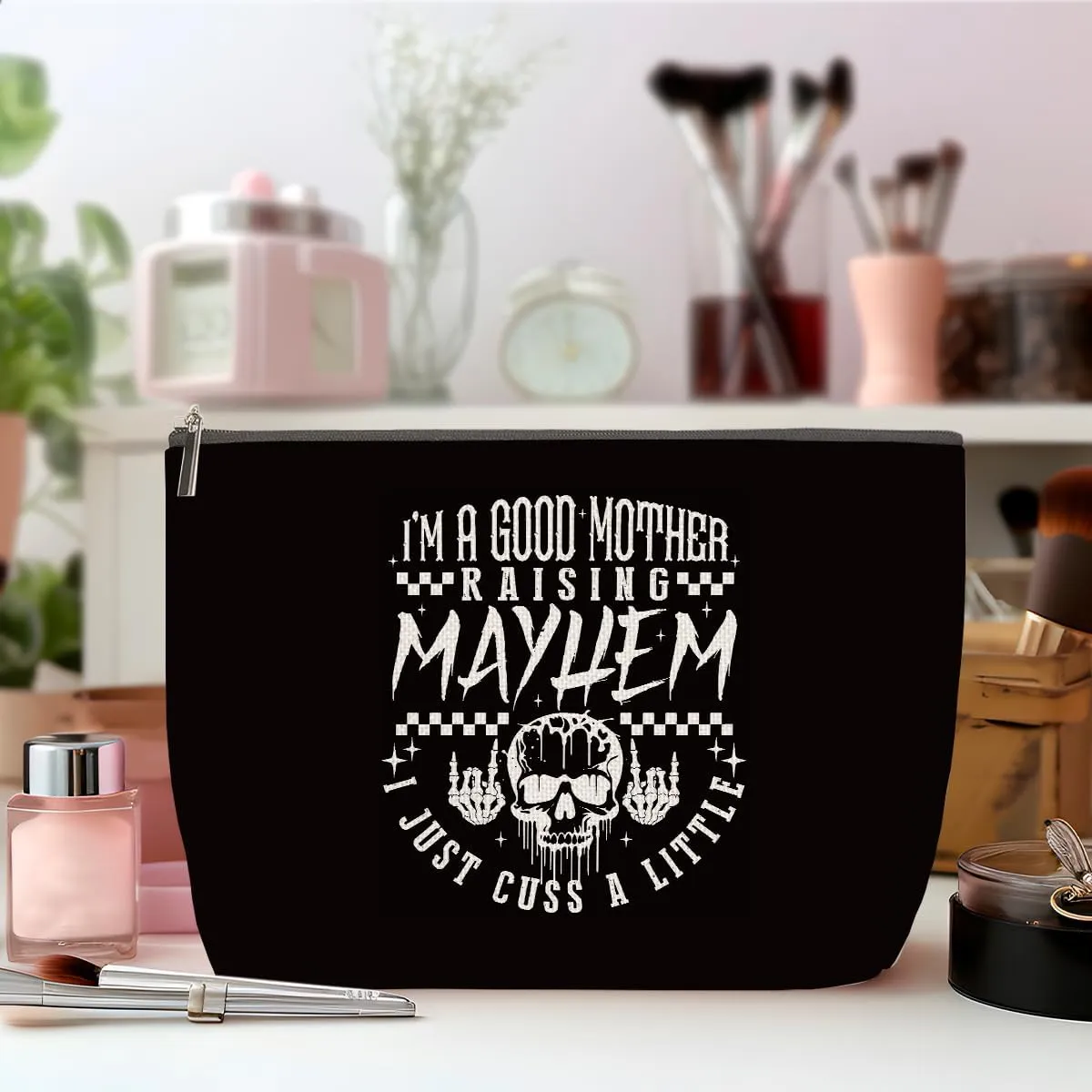 ZHAMEN Goth Gifts Funny Skeleton Skull Makeup Bag, Unisex Cosmetic Case, Black, Fashion Pattern, Waterproof, Reusable, Makeup, Toiletry, Travel