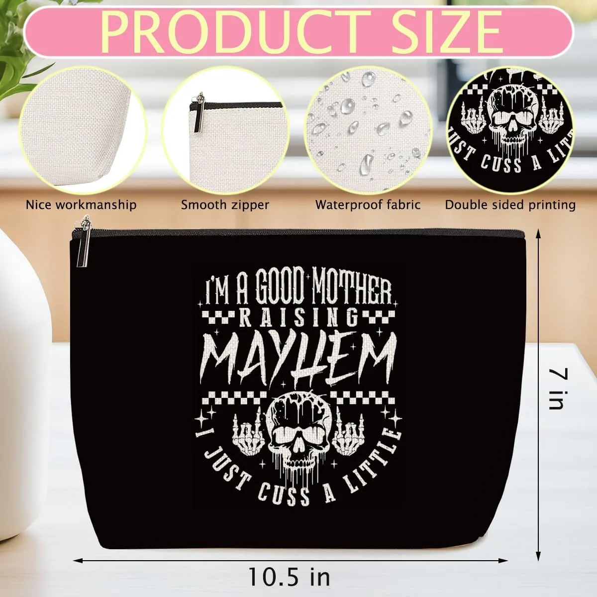ZHAMEN Goth Gifts Funny Skeleton Skull Makeup Bag, Unisex Cosmetic Case, Black, Fashion Pattern, Waterproof, Reusable, Makeup, Toiletry, Travel