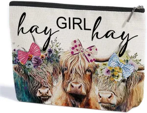 ZHAMEN Vintage Funny Cow Print Stuff Farm Animals Western Makeup Bag Stuff Graduation Mothers Day Birthday Cow Gifts for Girls Women Lovers Friends Daughter Sister Coworker Cosmetic Bag Hay girls Hay