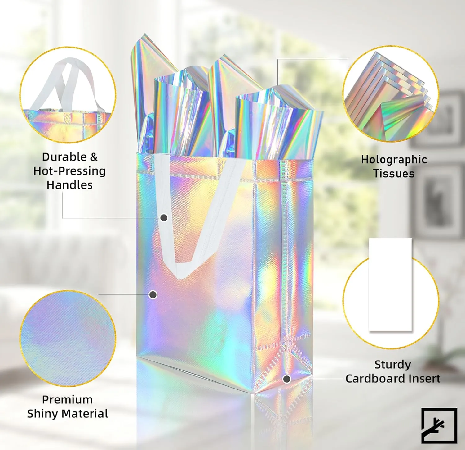 ZIFTY 15 Pcs Gift Bags with Handles Reusable Large Goodie Bags Bulk with 30 Holographic Tissues Non-woven Easter Party Gift Bags for Birthday, Wedding, Holiday Party Favors - 8W x 4L x 10H